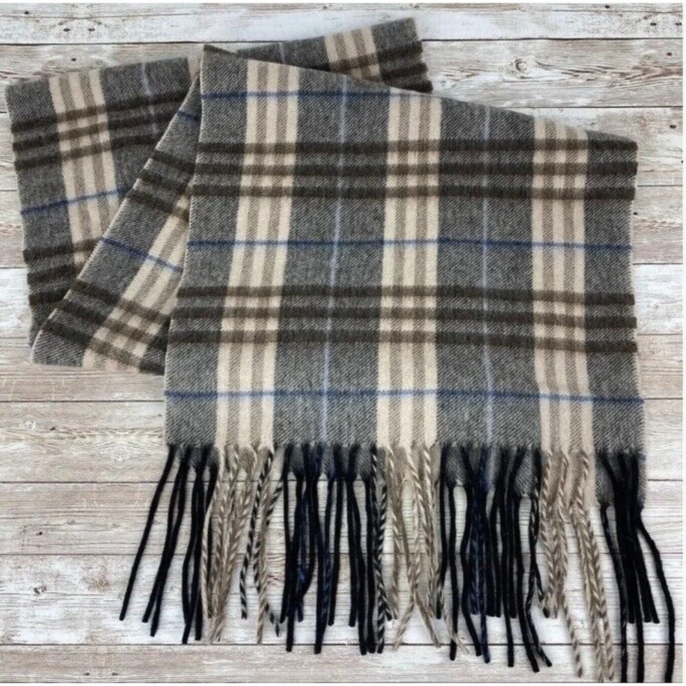 Enzo Montavani Cashmere & Wool Plaid Scarf Unisex Neutral Preppy Casual Fringe